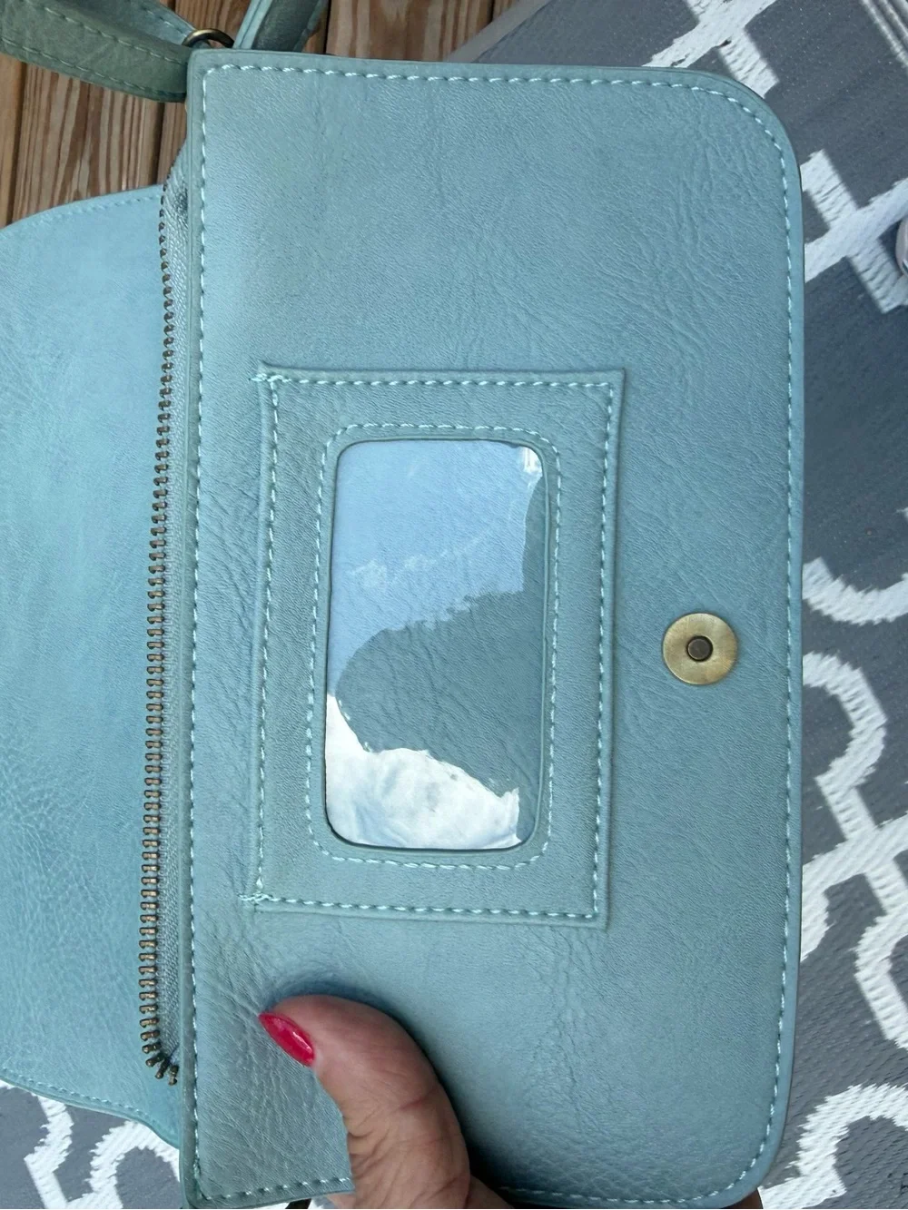 Women’s Crossbody Bag JOY in Light Blue with Sage Green inside. - Picture 5 of 6